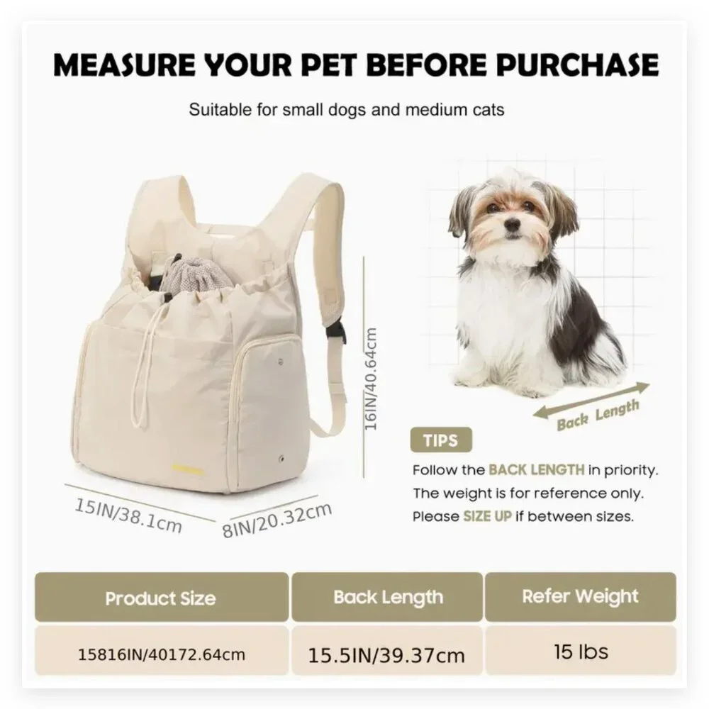 Adjustable Sturdy dog front and backpack carrier up to 15 lbs dog or cat, Beige